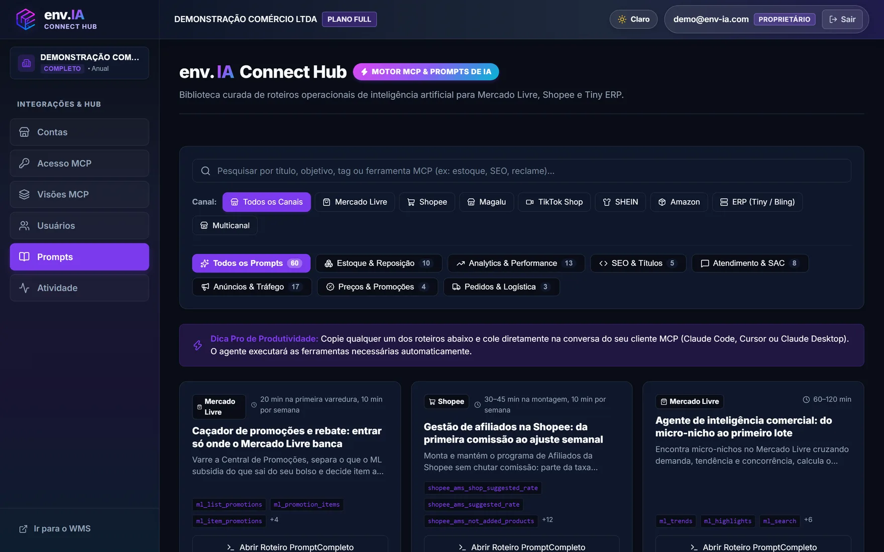 Biblioteca de roteiros de IA do Connect Hub filtrada por canal e categoria
