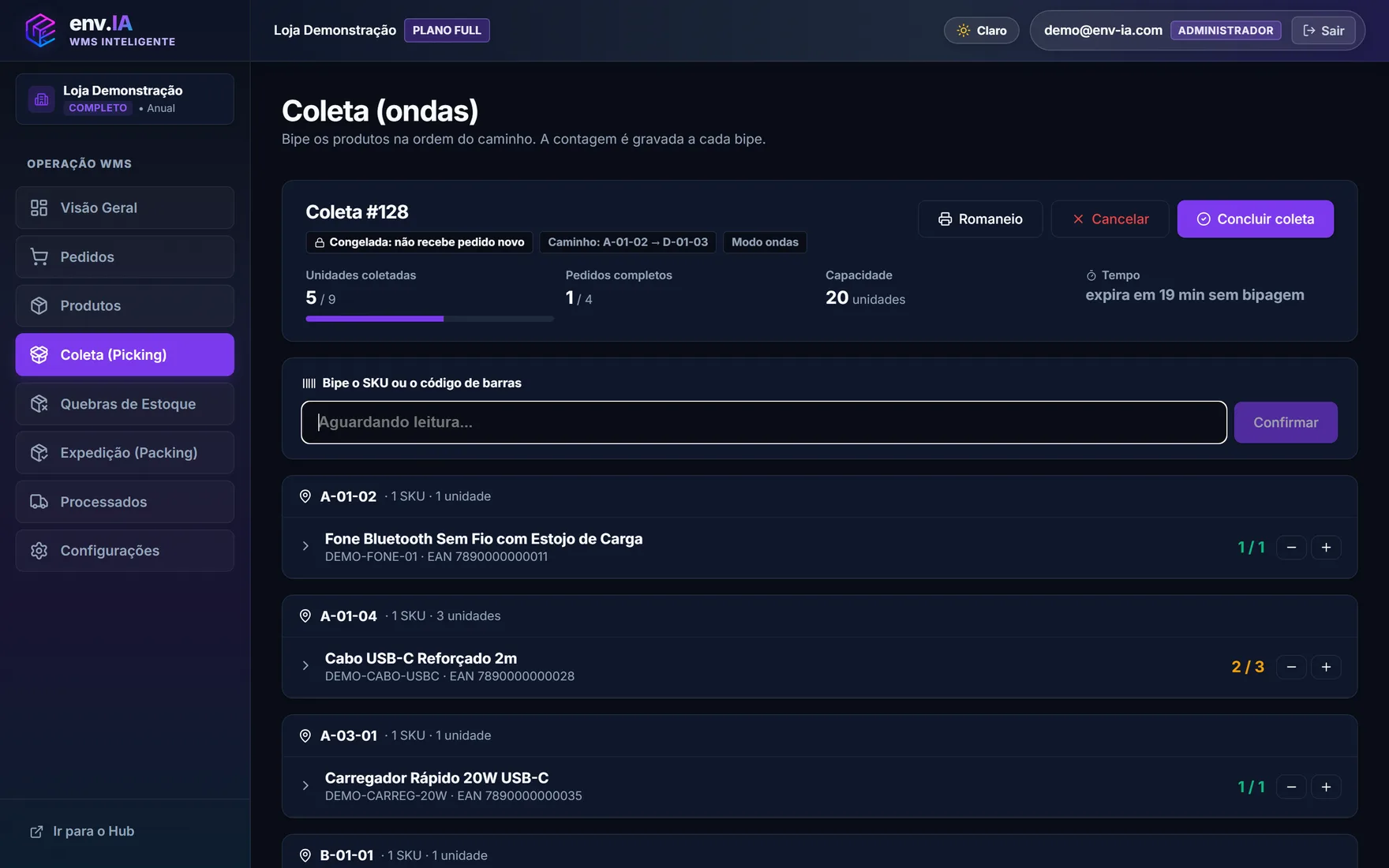 Coleta em andamento no WMS, com o progresso da onda e os itens por endereço, em dados de demonstração